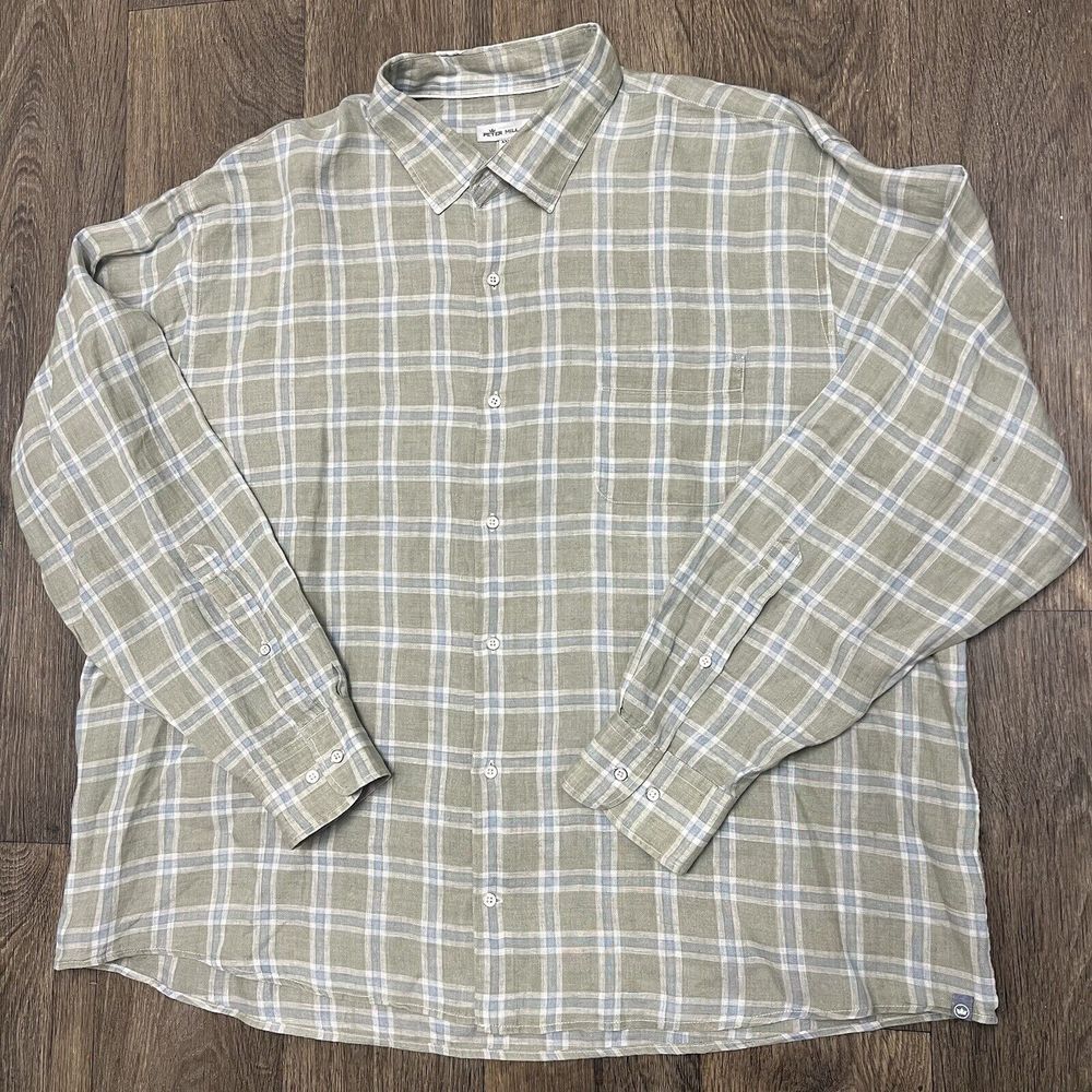 Peter Millar 100% Linen Plaid Button Down Shirt Men's XXL Green Blue Long Sleeve - Picture 9 of 11